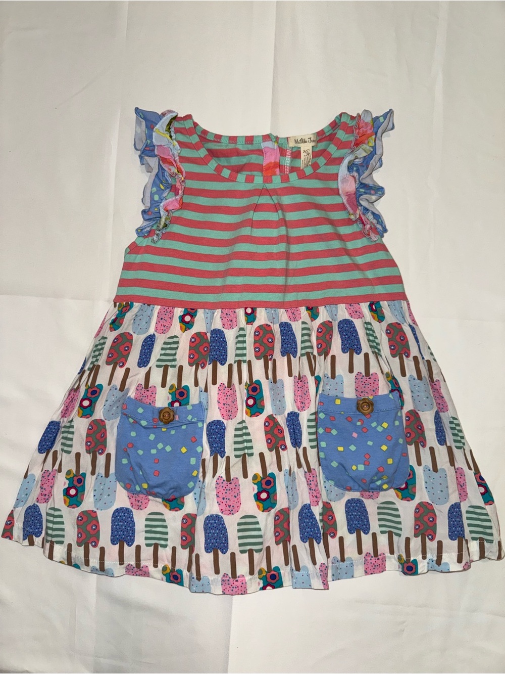 Matilda Jane Girls Dress Size 10 Popsicle Print Stripe Ruffle Pocket Summer Cute